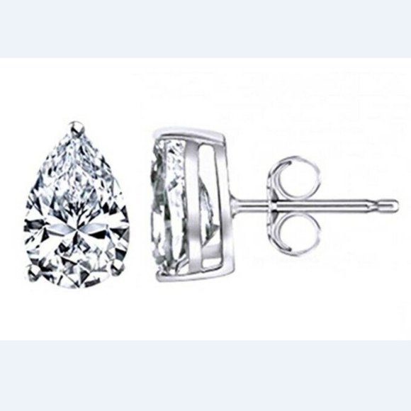 Real 14K Solid White Gold Pear Shaped Pushback Studs with White Stone 5x3mm - Picture 1 of 6